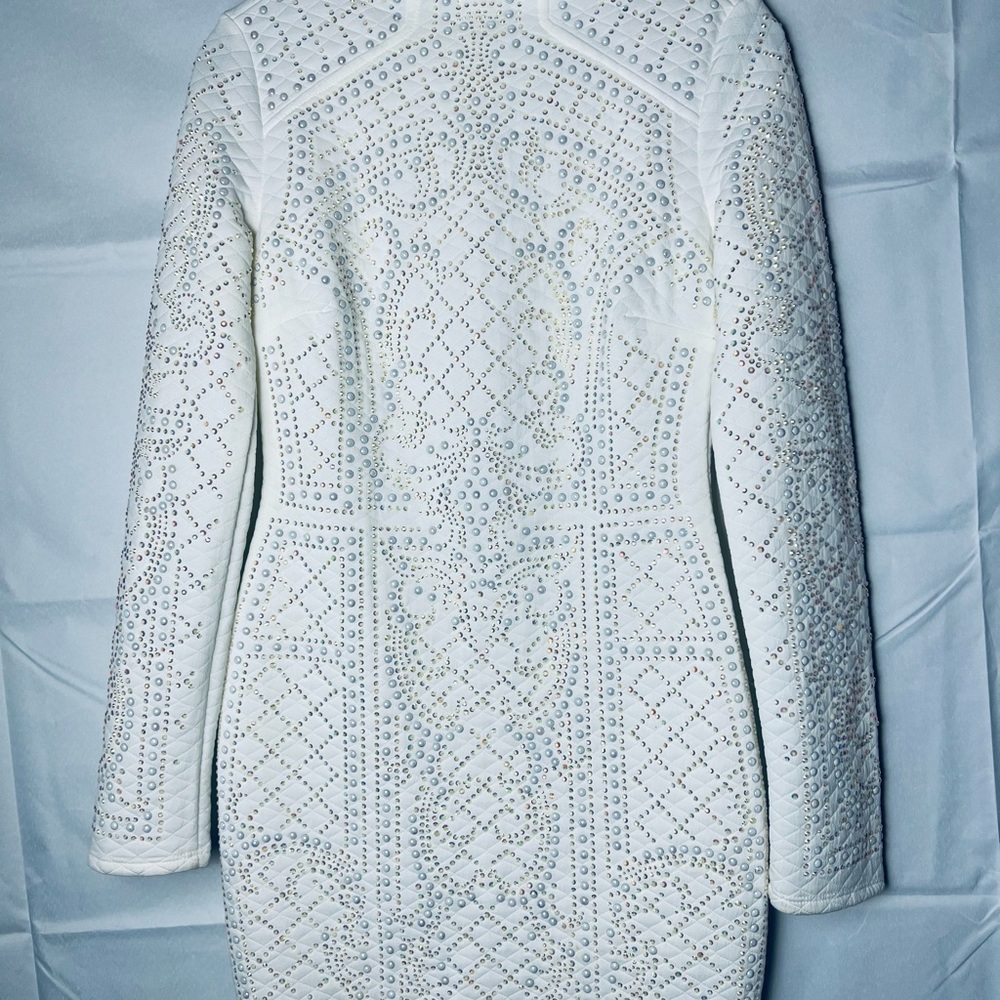 White Iridescent Stones Quilted Turtleneck Dress